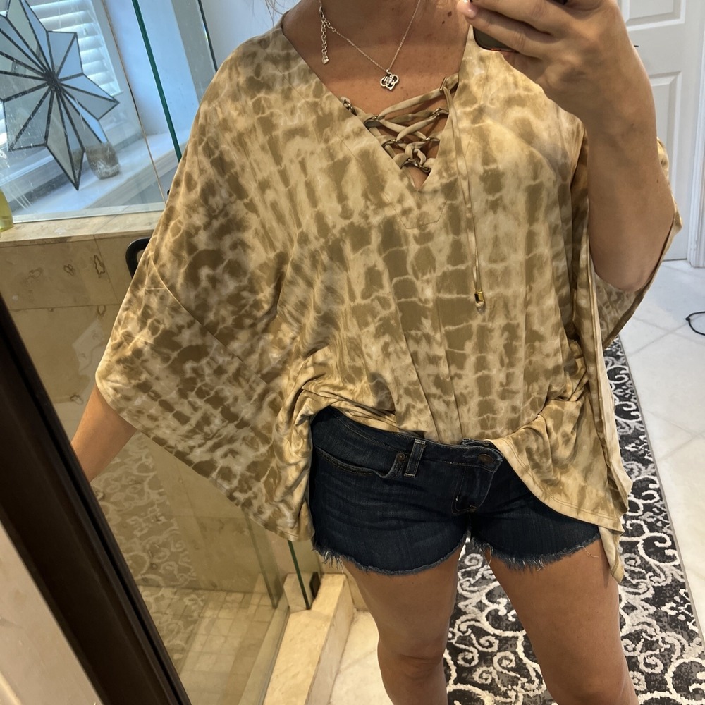 Michael Kors Tan White Tie Dye Kimono Oversized Lace Up Blouse Jersey Top L